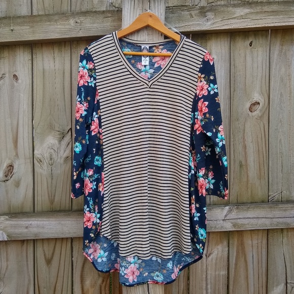 Honeyme Tops - Honeyme Striped and Floral Contrast V Neck Tunic